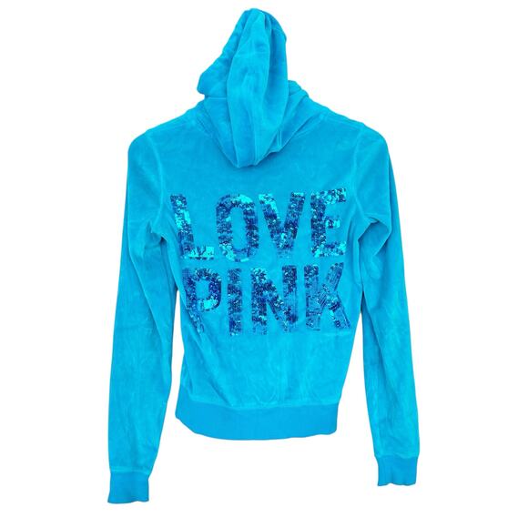 Victoria's Secret Pink Blue Velour Full Zip Sequin Hoodie Sz XS - Picture 5 of 5